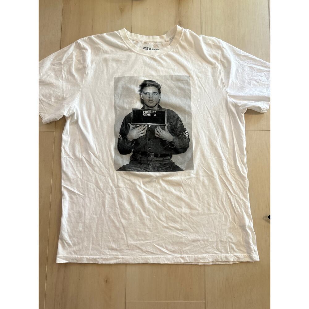 White Short Sleeve Graphic Tee with Black Mugshot Print